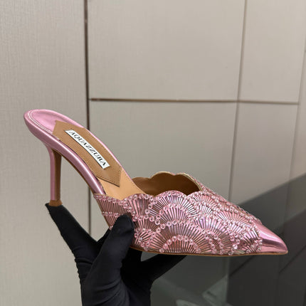 AQUAZZURA 26S HEEL MULES 85 MM IN METALLIC PINK SEQUIN AND CALFSKIN