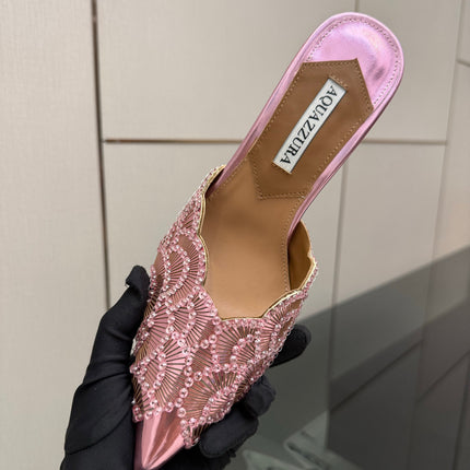 AQUAZZURA 26S HEEL MULES 85 MM IN METALLIC PINK SEQUIN AND CALFSKIN