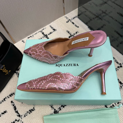 AQUAZZURA 26S HEEL MULES 85 MM IN METALLIC PINK SEQUIN AND CALFSKIN