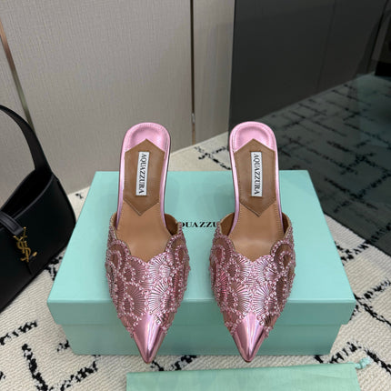AQUAZZURA 26S HEEL MULES 85 MM IN METALLIC PINK SEQUIN AND CALFSKIN