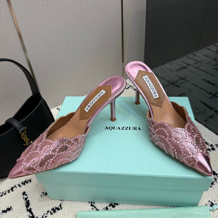 AQUAZZURA 26S HEEL MULES 85 MM IN METALLIC PINK SEQUIN AND CALFSKIN