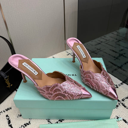 AQUAZZURA 26S HEEL MULES 85 MM IN METALLIC PINK SEQUIN AND CALFSKIN