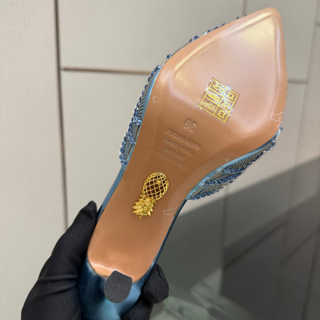AQUAZZURA 26S HEEL MULES 85 MM IN METALLIC BLUE SEQUIN AND CALFSKIN