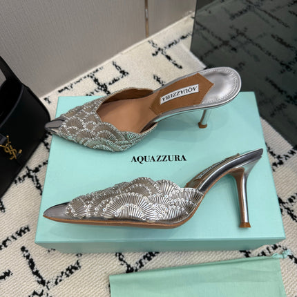 AQUAZZURA 26S HEEL MULES 85 MM IN SILVER SEQUIN AND CALFSKIN