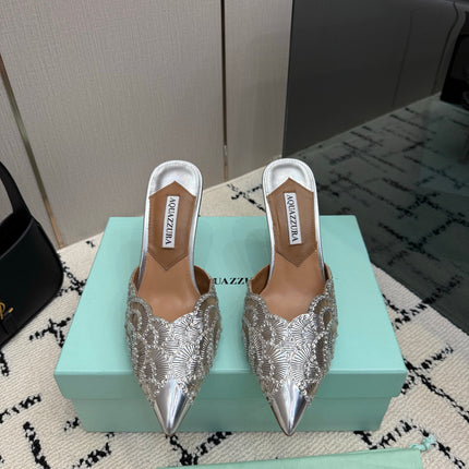 AQUAZZURA 26S HEEL MULES 85 MM IN SILVER SEQUIN AND CALFSKIN