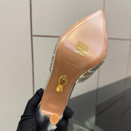AQUAZZURA 26S HEEL MULES 85 MM IN SILVER SEQUIN AND CALFSKIN