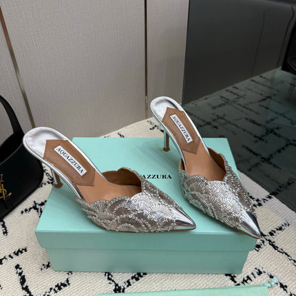 AQUAZZURA 26S HEEL MULES 85 MM IN SILVER SEQUIN AND CALFSKIN