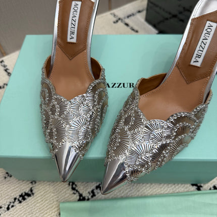 AQUAZZURA 26S HEEL MULES 85 MM IN SILVER SEQUIN AND CALFSKIN