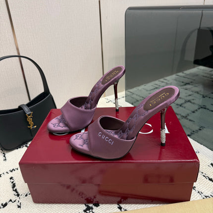 GUCCI 26S CRYSTAL-HEEL SANDALS 100 MM IN DARK PURPLE SATIN
