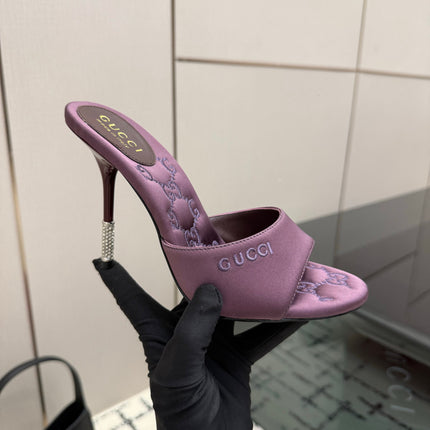 GUCCI 26S CRYSTAL-HEEL SANDALS 100 MM IN DARK PURPLE SATIN