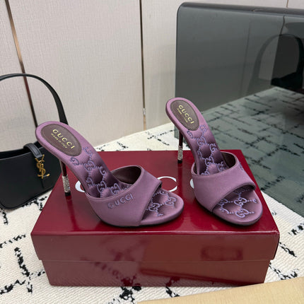 GUCCI 26S CRYSTAL-HEEL SANDALS 100 MM IN DARK PURPLE SATIN