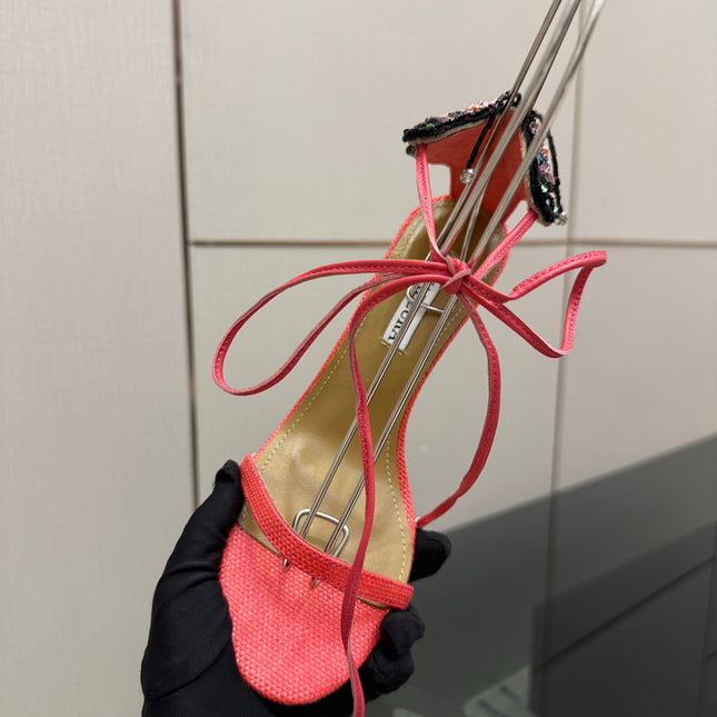 AQUAZZURA 26S HEEL SANDALS 80 MM IN PINKISH RED WOVEN FABRIC
