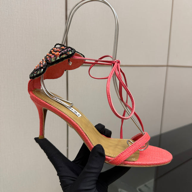 AQUAZZURA 26S HEEL SANDALS 80 MM IN PINKISH RED WOVEN FABRIC
