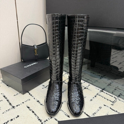 CHANEL 26S TALL BOOTS IN BLACK CALFSKIN CROCODILE EMBOSSED