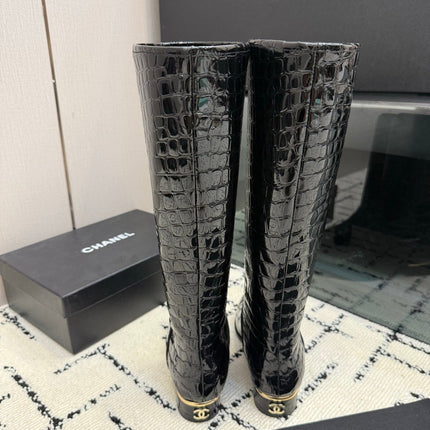 CHANEL 26S TALL BOOTS IN BLACK CALFSKIN CROCODILE EMBOSSED