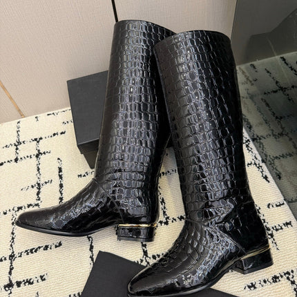 CHANEL 26S TALL BOOTS IN BLACK CALFSKIN CROCODILE EMBOSSED