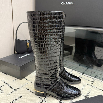 CHANEL 26S TALL BOOTS IN BLACK CALFSKIN CROCODILE EMBOSSED