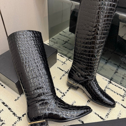 CHANEL 26S TALL BOOTS IN BLACK CALFSKIN CROCODILE EMBOSSED