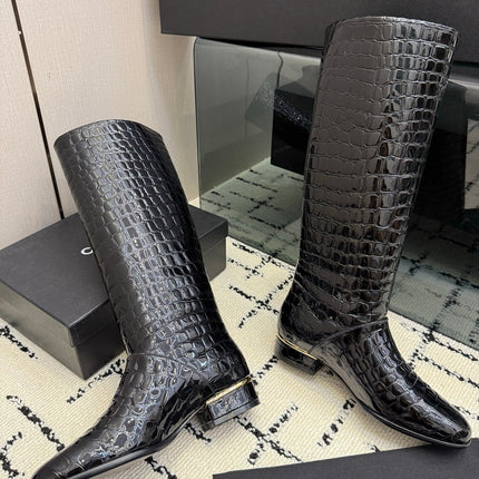CHANEL 26S TALL BOOTS IN BLACK CALFSKIN CROCODILE EMBOSSED