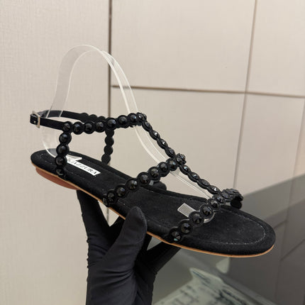AQUAZZURA 26S FLAT SANDALS IN BLACK SUEDE CRYSTAL-EMBELLISHED