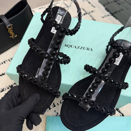 AQUAZZURA 26S FLAT SANDALS IN BLACK SUEDE CRYSTAL-EMBELLISHED