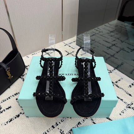 AQUAZZURA 26S FLAT SANDALS IN BLACK SUEDE CRYSTAL-EMBELLISHED