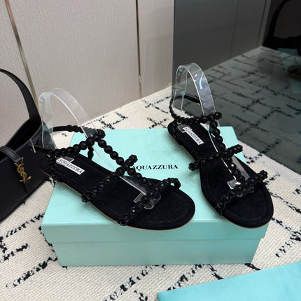 AQUAZZURA 26S FLAT SANDALS IN BLACK SUEDE CRYSTAL-EMBELLISHED