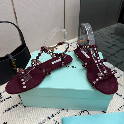AQUAZZURA 26S FLAT SANDALS IN DARK RED SUEDE CRYSTAL-EMBELLISHED