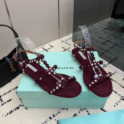 AQUAZZURA 26S FLAT SANDALS IN DARK RED SUEDE CRYSTAL-EMBELLISHED