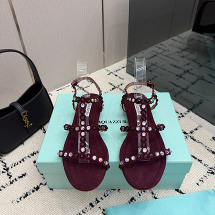 AQUAZZURA 26S FLAT SANDALS IN DARK RED SUEDE CRYSTAL-EMBELLISHED