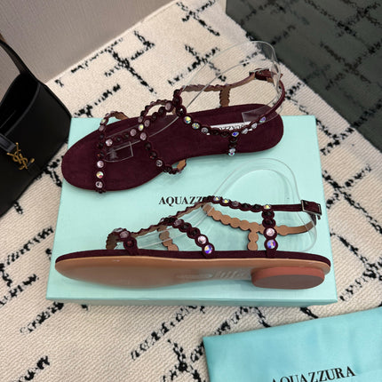AQUAZZURA 26S FLAT SANDALS IN DARK RED SUEDE CRYSTAL-EMBELLISHED