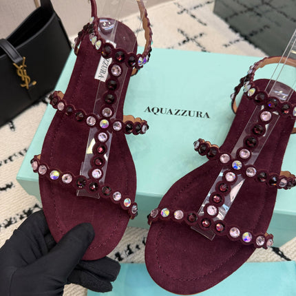AQUAZZURA 26S FLAT SANDALS IN DARK RED SUEDE CRYSTAL-EMBELLISHED