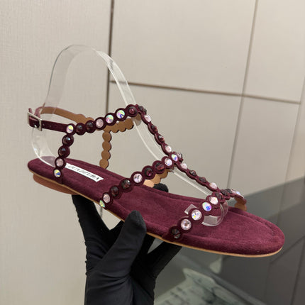 AQUAZZURA 26S FLAT SANDALS IN DARK RED SUEDE CRYSTAL-EMBELLISHED
