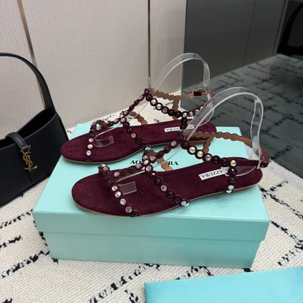 AQUAZZURA 26S FLAT SANDALS IN DARK RED SUEDE CRYSTAL-EMBELLISHED