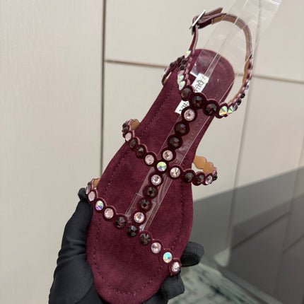 AQUAZZURA 26S FLAT SANDALS IN DARK RED SUEDE CRYSTAL-EMBELLISHED