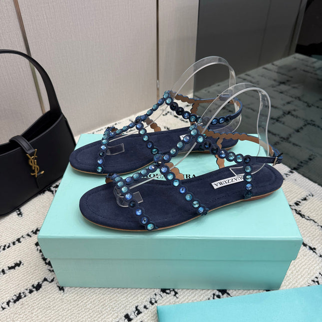 AQUAZZURA 26S FLAT SANDALS IN NAVY BLUE SUEDE CRYSTAL-EMBELLISHED