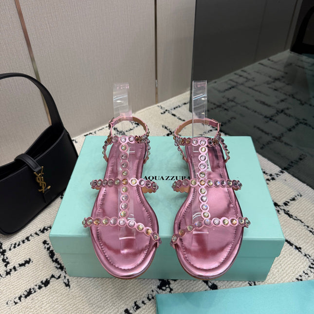 AQUAZZURA 26S FLAT SANDALS IN METALLIC PINK LAMBSKIN CRYSTAL-EMBELLISHED