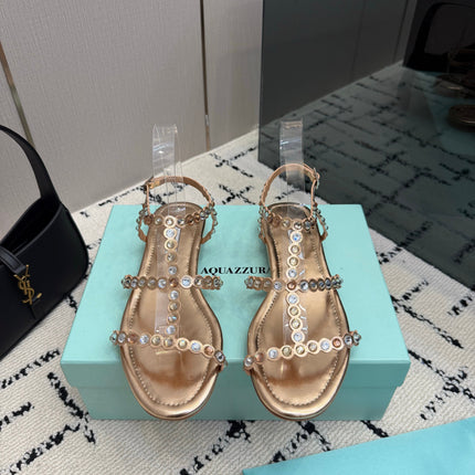 AQUAZZURA 26S FLAT SANDALS IN ROSE GOLD LAMBSKIN CRYSTAL-EMBELLISHED