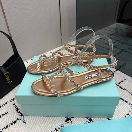 AQUAZZURA 26S FLAT SANDALS IN ROSE GOLD LAMBSKIN CRYSTAL-EMBELLISHED