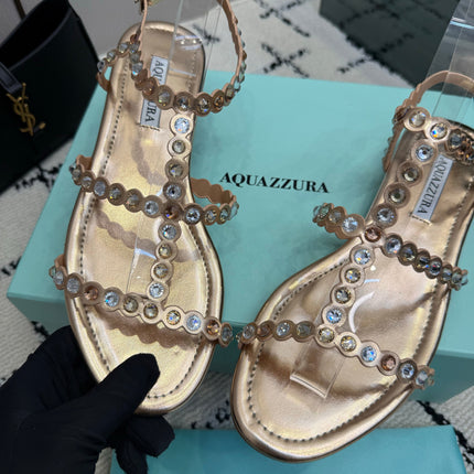 AQUAZZURA 26S FLAT SANDALS IN ROSE GOLD LAMBSKIN CRYSTAL-EMBELLISHED