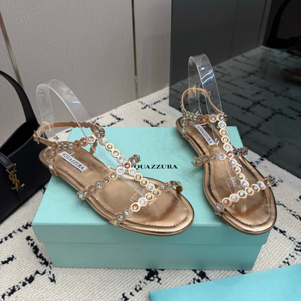 AQUAZZURA 26S FLAT SANDALS IN ROSE GOLD LAMBSKIN CRYSTAL-EMBELLISHED