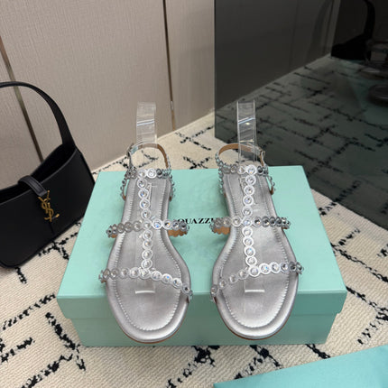 AQUAZZURA 26S FLAT SANDALS IN SILVER LAMBSKIN CRYSTAL-EMBELLISHED