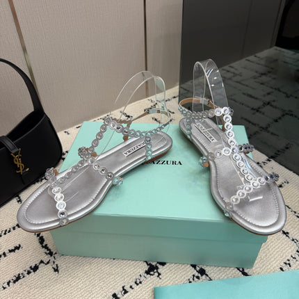 AQUAZZURA 26S FLAT SANDALS IN SILVER LAMBSKIN CRYSTAL-EMBELLISHED