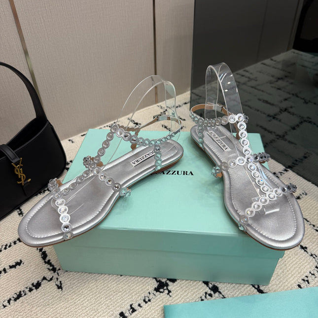 AQUAZZURA 26S FLAT SANDALS IN SILVER LAMBSKIN CRYSTAL-EMBELLISHED