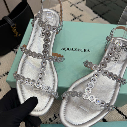 AQUAZZURA 26S FLAT SANDALS IN SILVER LAMBSKIN CRYSTAL-EMBELLISHED
