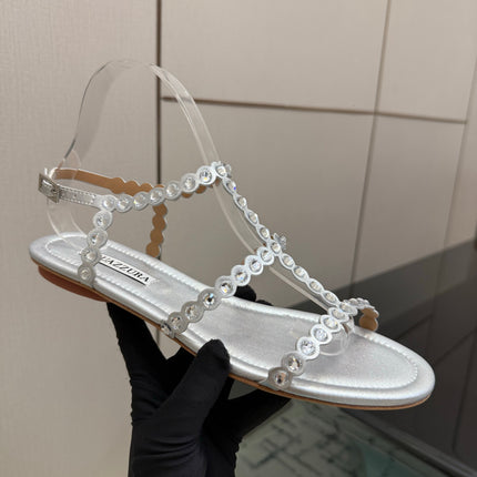 AQUAZZURA 26S FLAT SANDALS IN SILVER LAMBSKIN CRYSTAL-EMBELLISHED