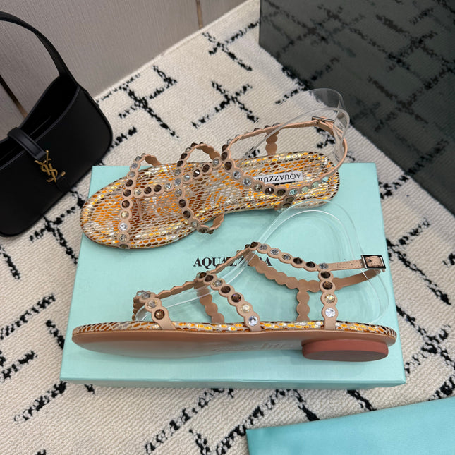 AQUAZZURA 26S FLAT SANDALS IN METALLIC BRONZE SNAKESKIN CRYSTAL-EMBELLISHED