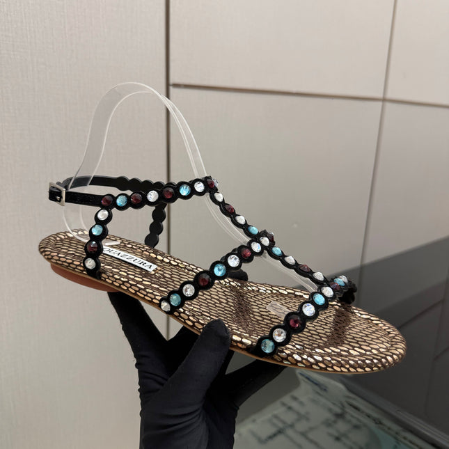 AQUAZZURA 26S FLAT SANDALS IN METALLIC BLACK SNAKESKIN CRYSTAL-EMBELLISHED