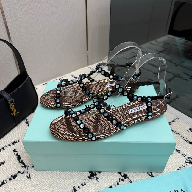AQUAZZURA 26S FLAT SANDALS IN METALLIC BLACK SNAKESKIN CRYSTAL-EMBELLISHED