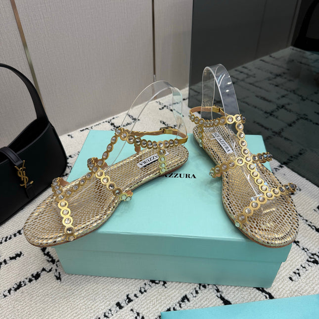 AQUAZZURA 26S FLAT SANDALS IN GOLD SNAKESKIN CRYSTAL-EMBELLISHED